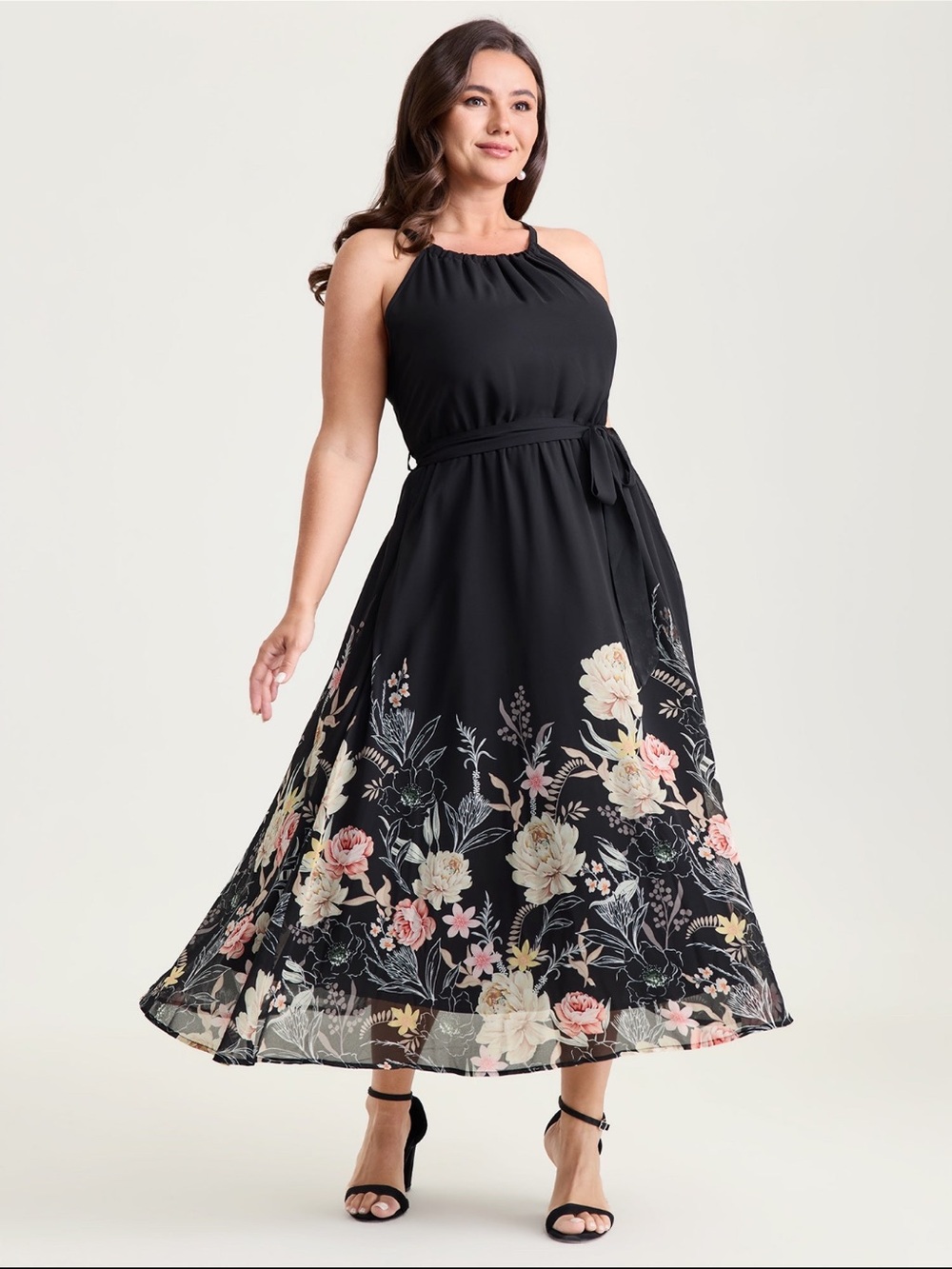 BloomChic Black Floral Halter Maxi Dress with Pastel Blooms